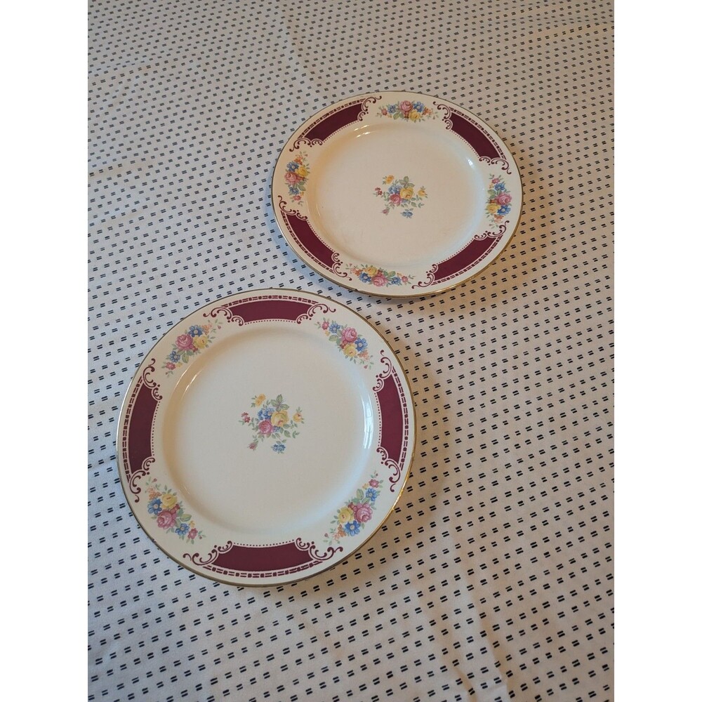 Homer Laughlin Floral Round Plates Set of 2 White Burgundy Gold Trim